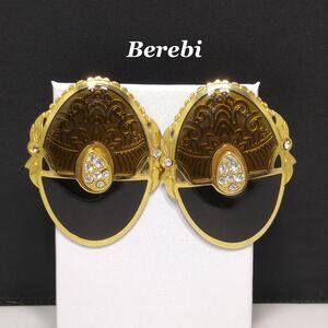 Berebi Large Enamel Rhinestone Post Earrings, Textured Brown & Black, 1980s